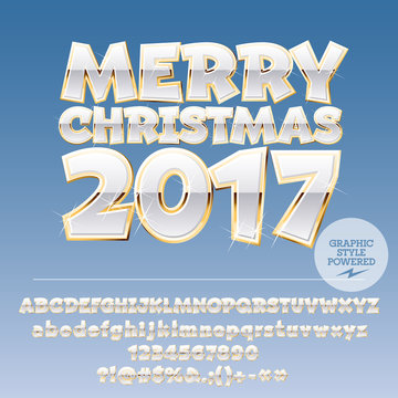 Vector whiter Merry Christmas 2017 greeting card with set of letters, symbols and numbers. File contains graphic styles