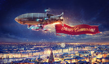 Fantastic Airship Over The City With A Congratulatory, Celebratory Banner. Raster Illustration.