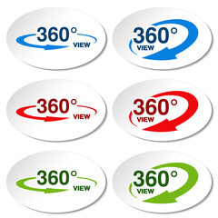 Fototapete - Vector white stickers for virtual tour, oval labels with blue, red, green arrow and with text 360 and view.