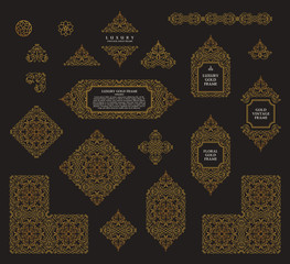 Wall Mural - Arabic vector set of frames lines art design templates. Muslim gold outline elements and emblems