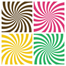 Striped Radial Vortex Backgrounds Set. Retro Style Color Spiral Stripes Swirling Around The Center Of The Square. Pattern With Swirly Rays. Vector Eps8 Illustration.