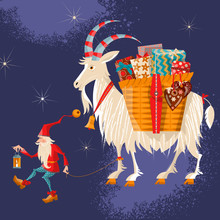 Scandinavian Christmas Tradition.
Christmas Gnome And Yule Goat With A Gift Basket. 