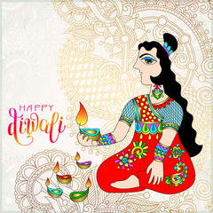 Canvas Print - Happy Diwali gold greeting card with ethnic women