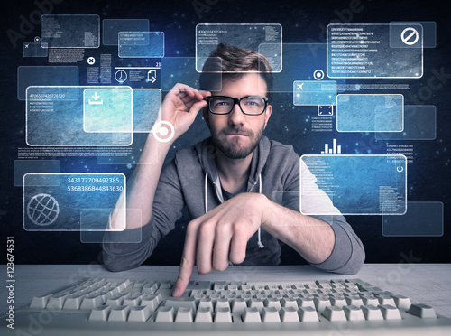 Cuadros en Lienzo Nerd with glasses hacking websites