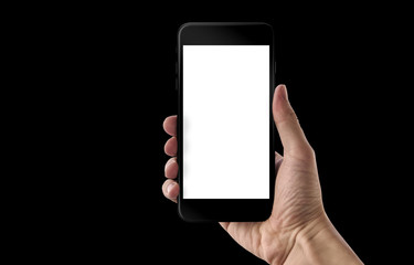 Poster - Modern black smart phone in man hand. Isolated white screen for mockup. Black background.