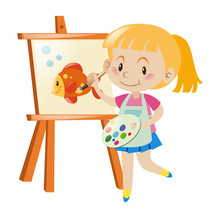 Girl Painting Goldfish On Canvas