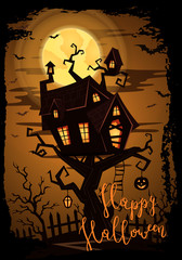 Wall Mural - Halloween party banner with spooky castle on tree in mystic forest at night under full moon. Cartoon vector illustration. Halloween background, night scene with haunted house, pumpkin and flying bats