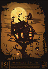 Wall Mural - Halloween party banner with spooky castle on tree in mystic forest at night under full moon. Cartoon vector illustration. Halloween background, night scene with haunted house, pumpkin and flying bats