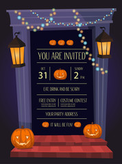 Wall Mural - Halloween night party invitation with haunted house doorway, garlands and pumpkin head jack lanterns, cartoon vector illustration on blue background. Halloween design template with space for text.