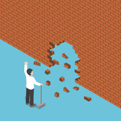 Poster - Isometric businessman use hammer breaking the wall