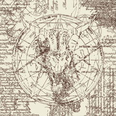 vector illustration with skull of goat and pentagram with splashes on the background of old papyrus with magical inscriptions and symbols