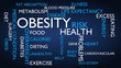 © ommbeu - Obesity, health, medical, risk word tag cloud - blue, English variant, 3D rendering