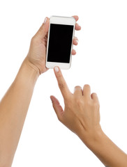 Wall Mural - female hand holding mobile smart phone with blank screen isolated on white background.