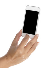 Wall Mural - female hand taking photo with smart phone isolated on white background.