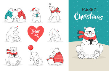 Merry Christmas greetings with bears. Hand drawn polar bear, cute bear set, mother and baby bears, couple of bears