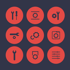 Poster - settings, configuration, development icons set, gears, wrench, instruments, vector illustration