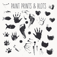 Vector Collection Of Paint Prints - Footsteps, Pawprints, Palms, Shapes Of Hearts, Cat Fish, Inkblots