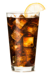 Wall Mural - Cola coke in pint glass with ice and lemon garnish isolated on white background