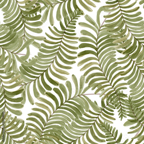 Foto-Gardine - Watercolor seamless pattern with fern frond palm leaves. Hand drawn tropical background. (von ramiia)