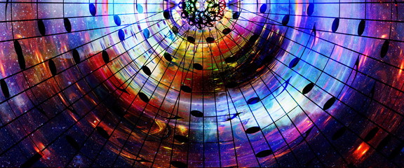 Poster - music notes in space with stars. abstract color background. Music concept.