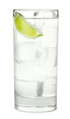 Wall Mural - Tall highball gin and tonic cocktail sparkling water soda with lime  isolated on white background