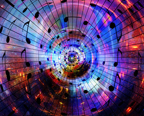 Poster - music notes in space with stars. abstract color background. Music concept.