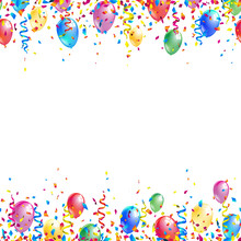 Bright Seamless Celebration Borders With Colorful Balloons, Ribbons And Confetti. Vector Illustration.