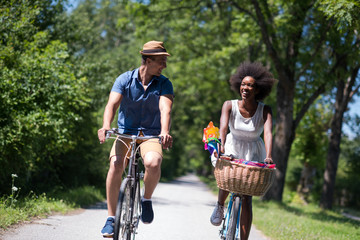 Young multiethnic couple having a bike ride in nature