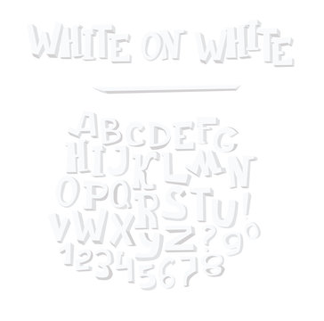 Vector hand drawn illustration with group of white alphabet letters, isolated on white background. Abc sequence from A to Z and numbers, handwritten in 3d style with grey inner shadows.