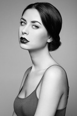 Black and white portrait of young beautiful girl