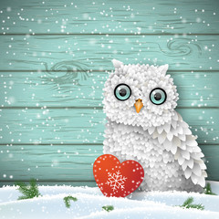 Wall Mural - Cute white owl sitting in snow in front of blue wooden wall, winter holiday theme, illustration