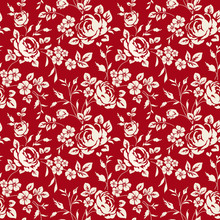Seamless Pattern With Vintage Roses. Floral Wallpaper. White Roses On Red Background