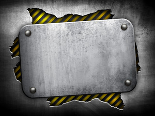 Poster - cracked iron template with warning striped background