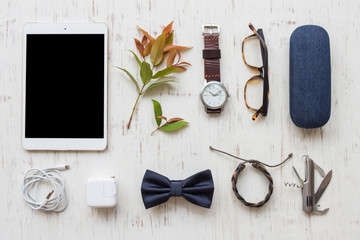 Sticker - Flat lay, Men's accessories with tablet on white wooden board background