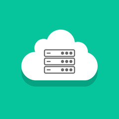 Poster - Cloud servers technology icon vector illustration isolated on green color background, concept cloud computing network sign, data center symbol flat cartoon design