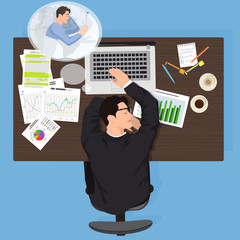 Poster - Tired business man worker sleeping at work. Exhausted office man worker see dreams. Tired Man thinking about bed top view.
