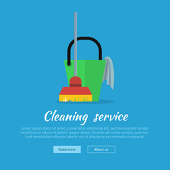Wall Mural - Cleaning Web Banner. Bucket with Duster and Broom