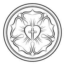 Luther Rose Monochrome Calligraphic Illustration. Also Luther Seal, Symbol Of Lutheranism. Expression Of Theology And Faith Of Martin Luther, Consisting Of A Cross, An Heart, A Single Rose And A Ring.