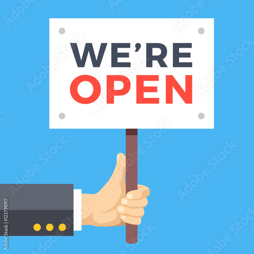 Hand Holding We Are Open Banner Wooden Sign Paper Placard With