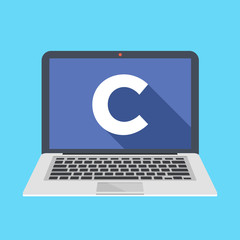 Laptop with C letter on screen. Learn C programming language concept. Modern long shadow flat design vector illustration