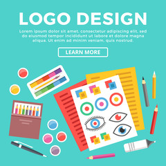 Poster - Logo design web banner. Paper sheets with logotypes sketches, pen and pencils, brush and paints and other drawing supplies. Creative process of logo creation concept. Modern vector flat illustration