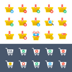Poster - yellow shopping baskets and white shopping carts and trolleys icons set. ecommerce, online store, e-