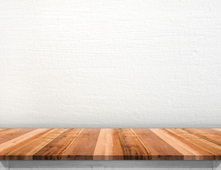 Poster - Empty brown wood table top with white concrete wall,Mock up for