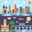 San Diego landmarks horizontal flat design vector banners