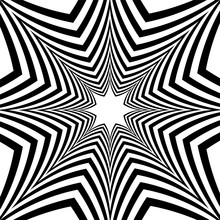 Black And White Striped Stars Expanding From The Center. Optical Effect Of Depth And Volume.Polygonal Geometric Abstract Background.  Vector Illustration.