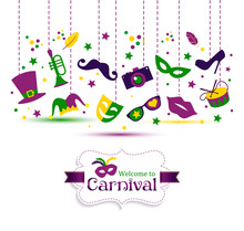 Bright Vector Carnival With Icon In Flat Style And Sign Welcome
