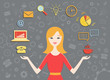 Vector illustration of young business woman, personal assistant or hard working secretary. Busy secretary managing her work with a smile. Business idea concept with icons of office work and ecommerce