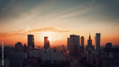 Obraz na płótnie Warszawa Śródmieście wschód słońca panoramę, Polska