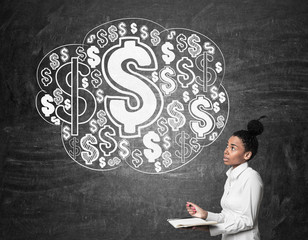 Wall Mural - African girl with notebook and dollar cloud sketches