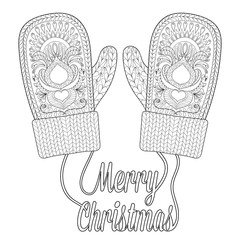 Wall Mural - Warm knitted mittens in zentangle style with wishes Merry Christ